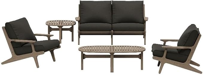 Modway Saratoga 5-Piece Teak Wood Outdoor Furniture Set in Weathered Gray Flint - Patio Conversation Set with Loveseat, 2 Armchairs, Side Table and Coffee Table