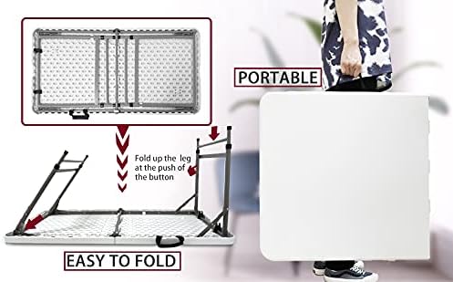 4FT Folding Table Height Adjustable Fold in Half Portable Utility Table with Handle, Lightweight Plastic HDPE Folding Table for Indoor Outdoor Picnic, Party, Camping Use (White)