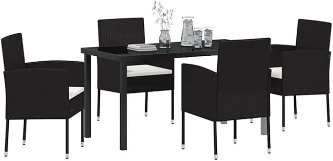 Afuera Living 5 Piece Poly Rattan Garden Dining Set, Black Finish, Tempered Glass Table, Cushioned Seats, UV-Resistant Outdoor Furniture for Patio, Garden, or Outdoor Dining Events