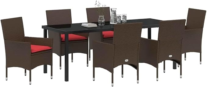 7-Piece Outdoor Dining Set with Cushions, Brown PE Rattan Garden Table and 6 Chairs, Weather-Resistant Patio Furniture for Backyard, Deck, and Kitchen