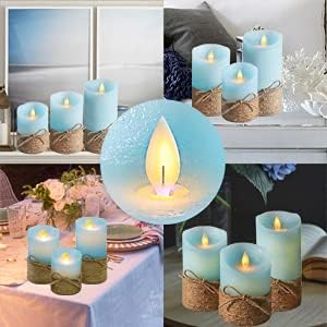 Ocean Blue Flameless Candles, Nautical Themed Led Pillar Candles with Remote & Timer, Decorative Flickering Candles for Gifts, Party, Wedding, Home Decorations - Set of 3