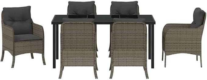 Afuera Living 7 Piece Poly Rattan Garden Dining Set, Gray Finish, UV-Resistant Powder-Coated Steel, Removable Cushions, Tempered Glass Tabletop, Modern Patio Furniture for Outdoor Dining and
