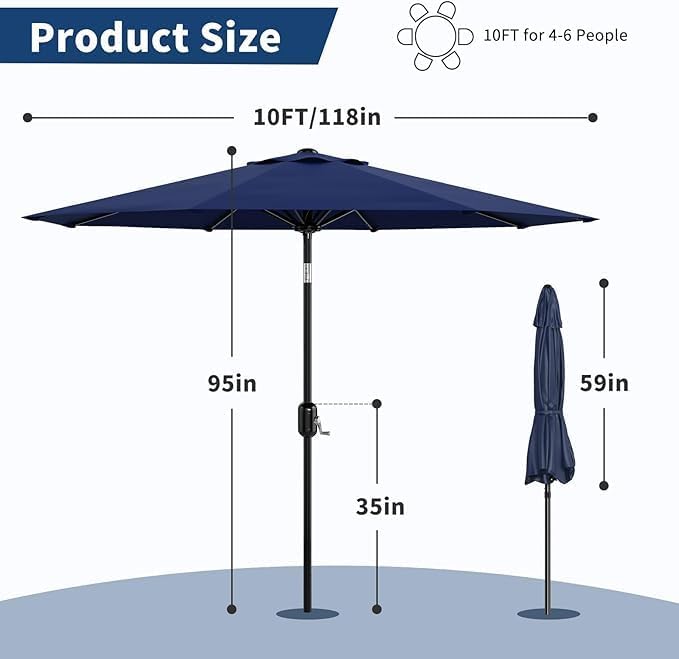 Garvee 10FT Patio Umbrella - Outdoor Table Umbrella with Crank Lift & Push Button Tilt - Market Umbrella 8 Sturdy Ribs UV Protection for Pool, Deck, Yard, Garden - Navy Blue