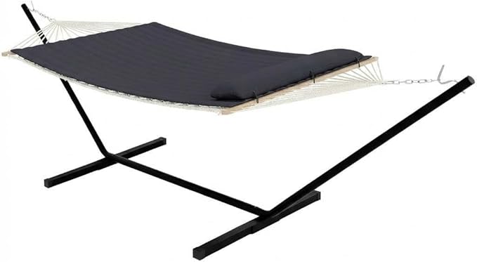 Double Hammock with Stand, Outdoor Quilted Padded Hammock with Heavy Duty Iron Frame, Portable Patio Swing Bed for Backyard Garden, 450 Lbs Capacity,Dark Gray