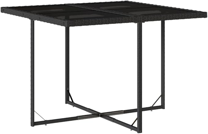 9 Piece Patio Dining Set with Cushions Black Poly Rattan Outdoor Table Chairs Stools Tempered Glass for Garden Backyard Deck Entertaining