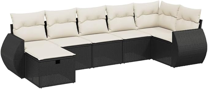 vidaXL Patio Sofa Set with Cushions 7 Piece, Outdoor Conversation Set, Sectional Sofa for Balcony Garden, Modern Style, Black Poly Rattan