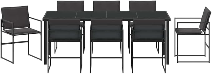 9 Piece Outdoor Dining Set for 8, Modern Patio Furniture with Tempered Glass Table and Textilene Chairs, Black