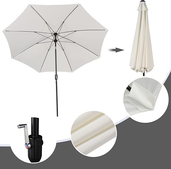 9ft Wooden Umbrella, Outdoor Patio Umbrella, Wood Market Umbrella, Patio Umbrella Wood Pole with Pulley Lift for Garden, Yard, Deck, Pool, Market