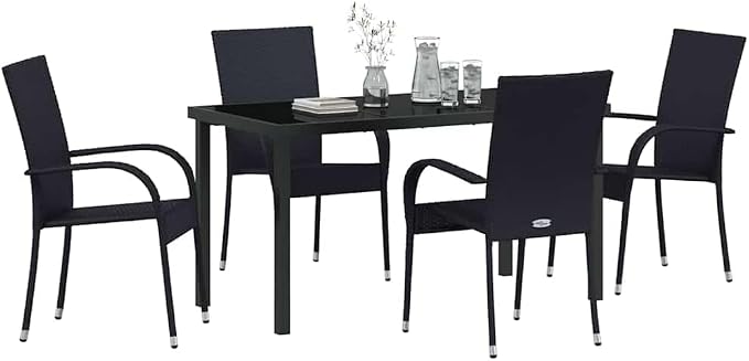 5-Piece Outdoor Dining Set, Black Powder-Coated Steel Patio Furniture, Modern Garden Table and 4 Chairs for Backyard, Balcony, and Deck