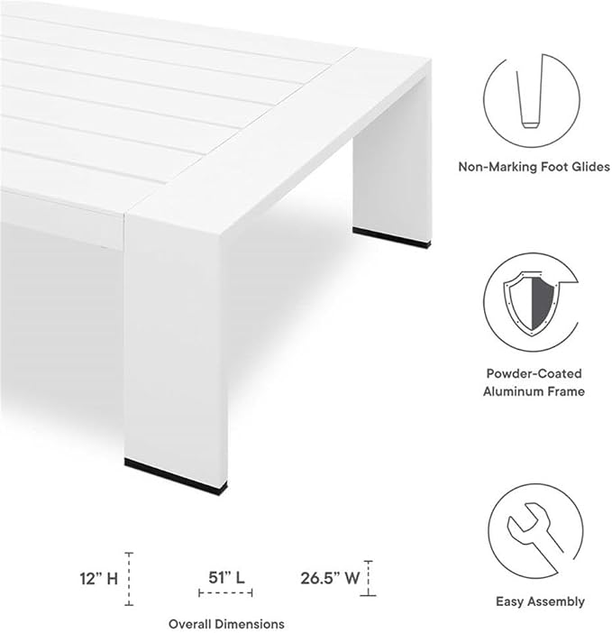 Pemberly Row Modern Outdoor Patio Coffee Table, Powder-Coated Aluminum, 51" W x 26.5" D x 12" H, Weather-Resistant, White Finish, Rectangular Low-Maintenance Design with Non-Marking Foot Glides