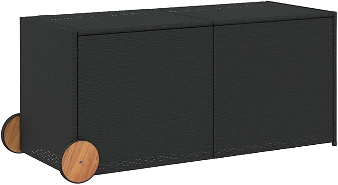 74.8 Gallon PE Rattan Garden Storage Box with Wheels, Black Outdoor Storage Box for Cushions and Tools, Durable Powder-Coated Steel Frame with Hook-and-Loop Closure