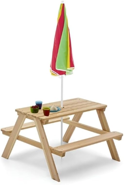 Plum® Wooden Kids Picnic Table - Outdoor Toddler Activity Table and Chair Set with Removable & Adjustable Umbrella, Built-in Bench, Backyard Furniture, Durable, Weatherproof, Easy to Clean, Ages 2+