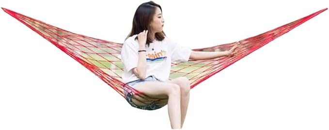 Portable Nylon Rope Hammock 10 Group Knot Rope Mesh Outdoor Camping Lightweight Hammock with Storage Bag Easy to Set Up Comfortable(Rojo)