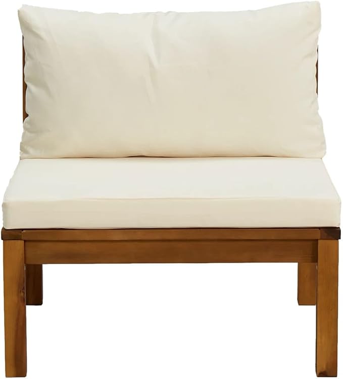 2 Piece Patio Sofa Set with Cream White Cushions, Acacia Wood Outdoor Conversation Set Sectional Sofa with Middle Sofa, Coffee Table for Garden, Patio, Balcony,-424