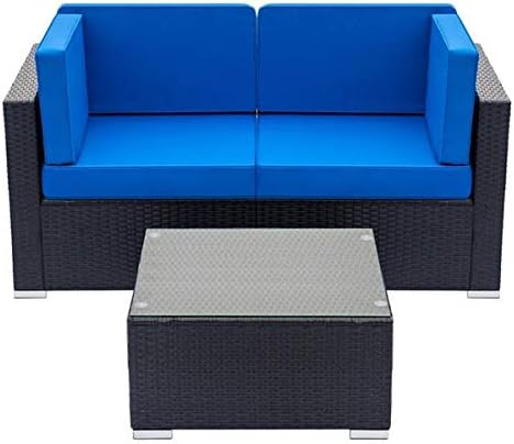 2 PCs Outdoor Patio Loveseat, Garden PE Rattan Wicker Furniture Sectional Sofa Patio Conversation Set with Cushion and Glass Table