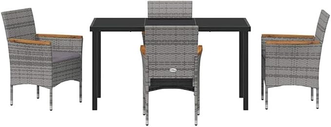 Afuera Living 5 Piece Poly Rattan Garden Dining Set, Gray UV-Resistant Material, Powder-Coated Steel Frame, Tempered Glass Tabletop, Acacia Wood Armrests, Lightweight, Modern Patio Furniture for