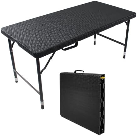 Rattan Folding Table 4ft Heavy-Duty Portable Outdoor Picnic Table for Party Dining Camping Tables with Handle(Black)