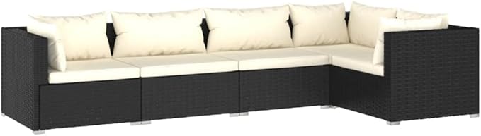 5 Piece Patio Lounge Set with Cushion, Outdoor Patio Sectional Piece Patio Set Furniture Conversation Sets Patio Lounge Set s Poly Rattan Black
