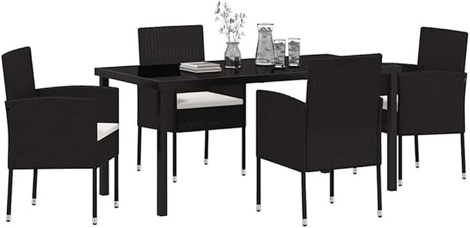 Afuera Living 5 Piece Poly Rattan Garden Dining Set, Black Finish, Tempered Glass Table, Cushioned Chairs, UV-Resistant Rattan, Lightweight Steel Frame, Outdoor Patio Dining Furniture for Garden or