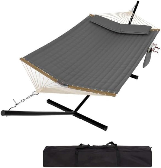 2 Person Hammock with Stand for Outdoor, 475 Lbs Capacity, Heavy Duty Portable Hammock with Adjustable Steel Stand for Patio, Garden, Beach, Backyard - Includes Carrying Bag, Dark Grey