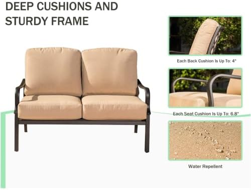 Outdoor 4 pcs Patio Conversation Set, Metal Dining Table and Chairs Dining Set with Removable Beige Cushions for Garden Lawn Yard