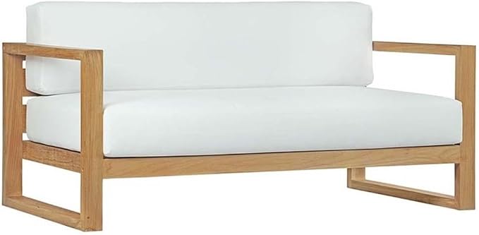 Pemberly Row 6-Piece Teak Wood Patio Sofa Set, Natural and White Finish, Water-Resistant Cushions, Includes Coffee Table, Sofa, Armchairs, Side Tables, Modern Outdoor Furniture for Backyard or Garden