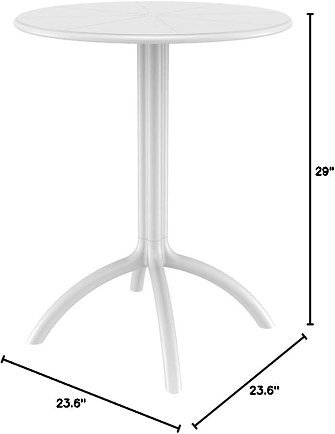 Pemberly Row Round Patio Bistro Table, 23 in Diameter, Resin Polypropylene, White Finish, UV Resistant, Durable Outdoor Dining Table for Pool, Beach, Heavy Use Areas