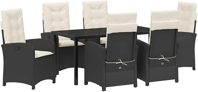 Afuera Living 7-Piece Poly Rattan Patio Dining Set with Cushions, Black Finish, Glass Tabletop, Durable Weather-Resistant Build, Adjustable Backrest, Ergonomic Seating for Outdoor Gatherings or