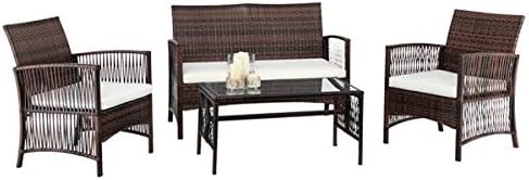 HopeHope 4pcs Patio Conversation Set Guest Chair Outdoor Garden Lawn Pool Rattan Sofa Wicker Furniture Set Coffee Table Bistro Sets Tempered Glass Table