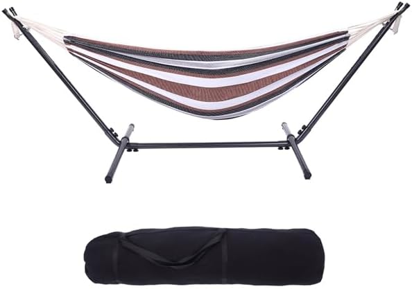 Double Hammock with Steel Stand for Outside,Portable Space Saving Heavy-Duty Steel Frame Hammock w/Portable Carrying Bag for Indoor Outdoor Patio Yard Camping,Easy Assembly,600 lbs Capacity (Coffee)
