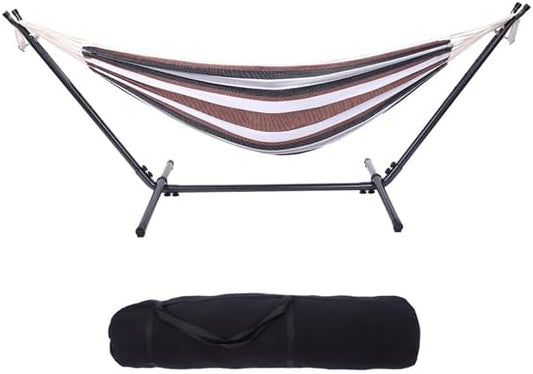 Double Hammock with Steel Stand for Outside,Portable Space Saving Heavy-Duty Steel Frame Hammock w/Portable Carrying Bag for Indoor Outdoor Patio Yard Camping,Easy Assembly,600 lbs Capacity (Coffee)