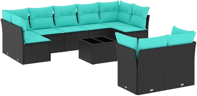 vidaXL Patio Sofa Set with Cushions 10 Piece, Sectional Sofa with Glass Table, Outdoor Conversation Set, Modern Style, Black Poly Rattan
