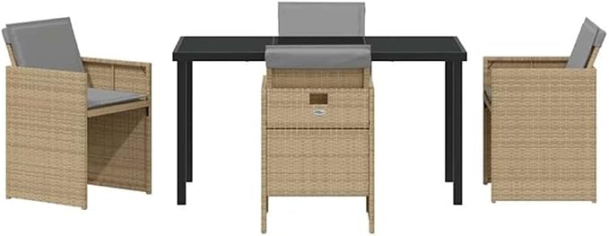 Afuera Living 5 Piece Poly Rattan Garden Dining Set, Beige Cushions, Tempered Glass Tabletop, Powder-Coated Steel Legs, Foldable UV-Resistant Chairs, Modern Patio Set for Outdoor Dining or Gatherings