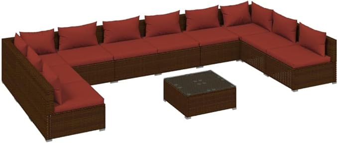 11 Piece Patio Lounge Set with Cushion, Furniture Conversation Sets Piece Patio Set Outdoor Patio Sectional Patio Lounge Set s Poly Rattan Brown