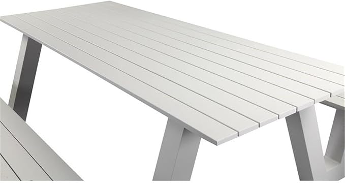 Pemberly Row Contemporary Aluminum Outdoor Picnic Table, White Finish, Durable Low Maintenance Aluminum and Polyresin Frame, Modern Style Patio Dining Table for 10