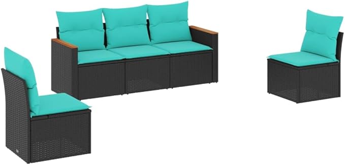 5 Piece Patio Sofa Set with Cushions, Outdoor Sofa Sets Patio Conversation Set Outdoor Dining Sets Porch Furniture Set for Piazza Garden Exhibition Negotiation Area Black Poly Rattan