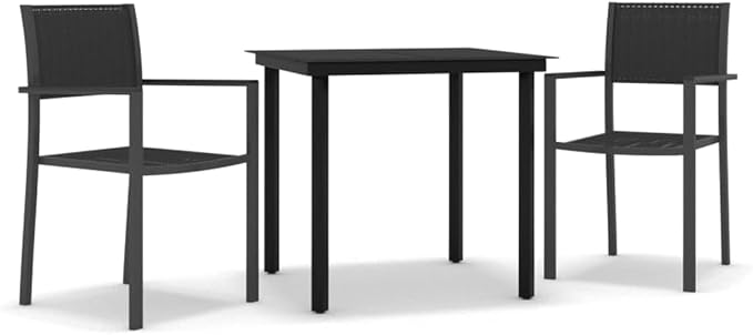 3 Piece Patio Dining Set Black Outdoor Table and Chairs for Garden Balcony Steel Glass Top Rattan Design