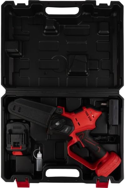 Mini Chainsaw - 5-Inch Chain Saw with 20V 1500mah Lithium Ion Battery, Charger, and Carry Case - Handheld Saw for Wood Cutting by Stalwart (Black/Red)