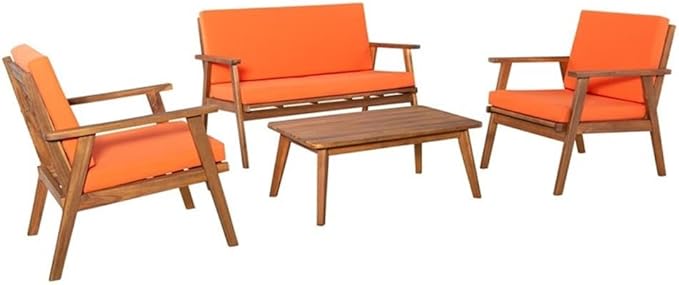 Linon Cooper Acacia Wood 4 Seater Removable Cushion Outdoor Patio Conversation Chat Sofa Set in Acorn Brown with Coffee Table
