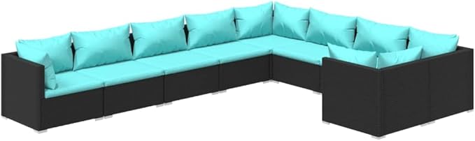 9 Piece Patio Lounge Set with Cushion, Outdoor Patio Sectional Patio Lounge Set Furniture Conversation Sets Piece Patio Set s Poly Rattan Black