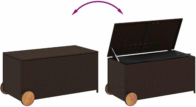 Brown Poly Rattan Patio Storage Box with Wheels 50.2 Gal Garden Storage Box with Waterproof Bag and Gas Spring Lid