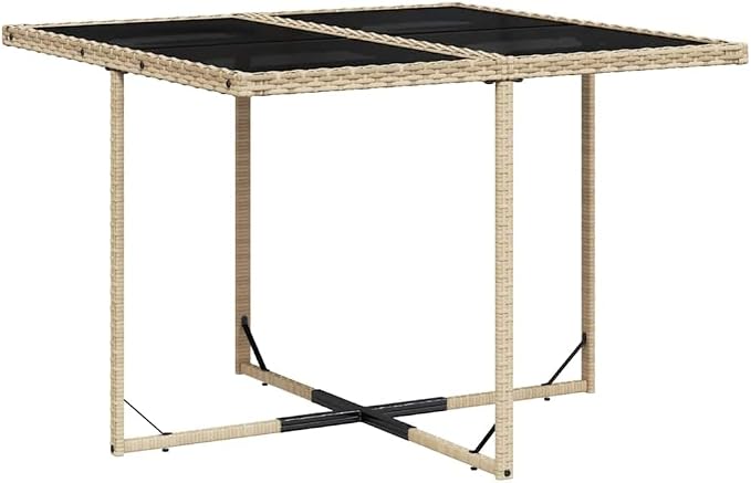 9 Piece Patio Dining Set with Cushions Beige Poly Rattan Outdoor Table and 4 Chairs with Stools Space-Saving Foldable Backrest Glass Top Tempered UV-Proof Garden Furniture for Backyard Lawn Deck