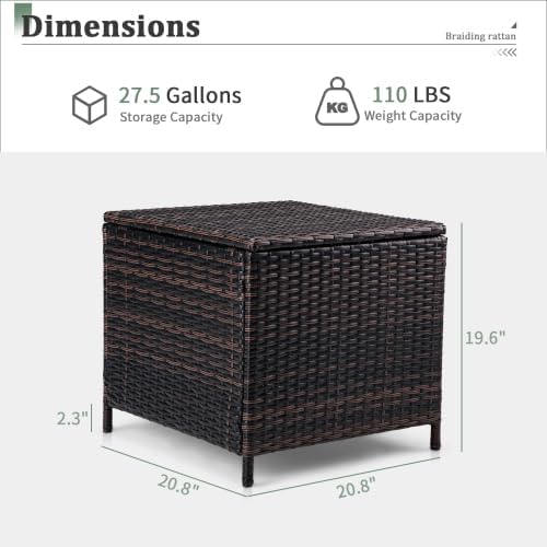 Outdoor Table with Storage, 27 Gallon Wicker Outdoor Storage Box Patio Side Tables for Outside Porch Poolside Deck Garden， Brown