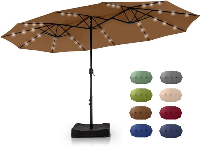 GREEN PARTY 15 ft Large Outdoor Patio Umbrella with Solar Led Lights & Base Included, Double-Sided Rectangular Table Umbrella with Stand, Market Umbrellas for Deck Poolside Garden Backyard, Tawny