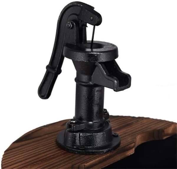 2-Tier Rustic Barrel Water Fountain, Solid Fir Wood Outdoor Fountain with Hand Pump for Patio, Garden, Backyard, Lawn Decoration
