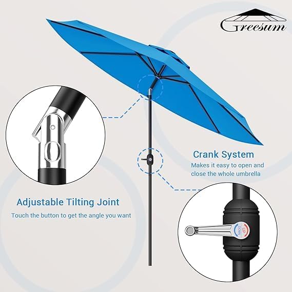Greesum Patio Umbrella, Outdoor Table Umbrella with Push Button Tilt, Crank and 8 Sturdy Ribs