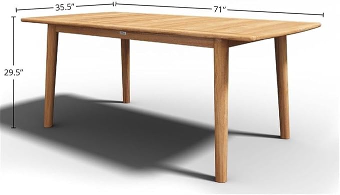 Pemberly Row Traditional Rectangular Teak Outdoor Dining Table, Natural Finish, 71 x 35.5 x 29.5 in, Premium Teak Construction, Weather-Resistant Patio Table for Backyard or Garden Dining Use