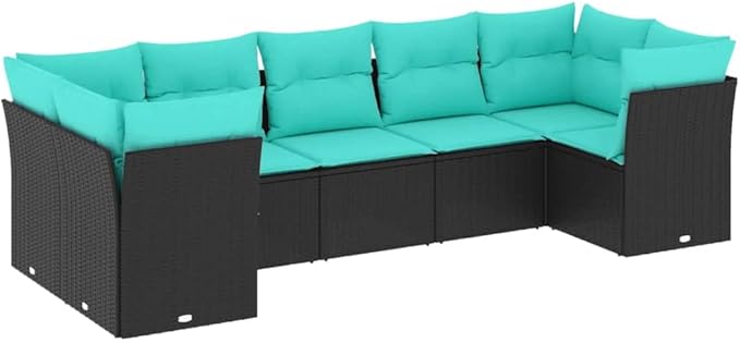 7 Piece Patio Sofa Set with Cushions, Patio Conversation Set Garden Lounge Set Outdoor Dining Sets Porch Furniture Set for Poolside Exhibition Negotiation Area Piazza Black Poly Rattan