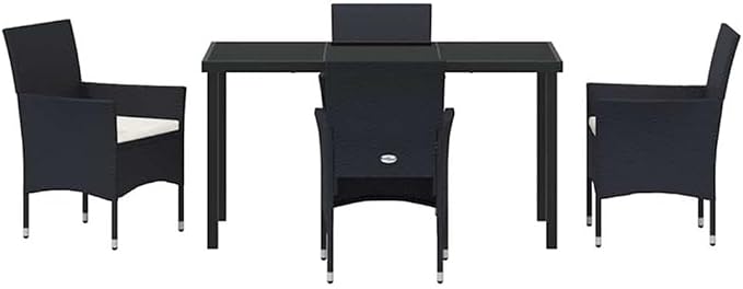 Afuera Living 5-Piece Poly Rattan Patio Dining Set, Black Finish, Weather-Resistant Cushions, Powder-Coated Steel Frame, Tempered Glass Table, Seating for 4, Modern Style Outdoor Furniture for Garden