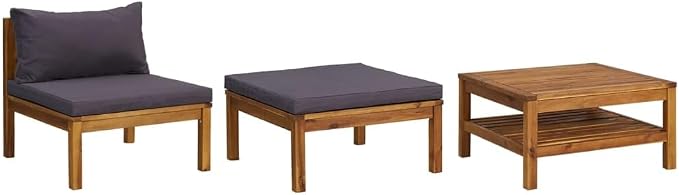3 Piece Patio Conversation Sofa Set with Dark Gray Cushions, Acacia Wood Patio Furniture Set with Middle Sofa, Coffee Table, Footrest for Porch, Deck, Backyard,-419